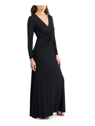 Ralph Lauren Women's Twist Front Zippered Lined Long Sleeve V Neck Full Length Evening Gown Dress Black Size 14