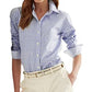Ralph Lauren Women's Check Cuffed Sleeve Collared Button Up Top Blue Size Small