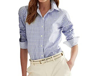 Ralph Lauren Women's Check Cuffed Sleeve Collared Button Up Top Blue Size Small