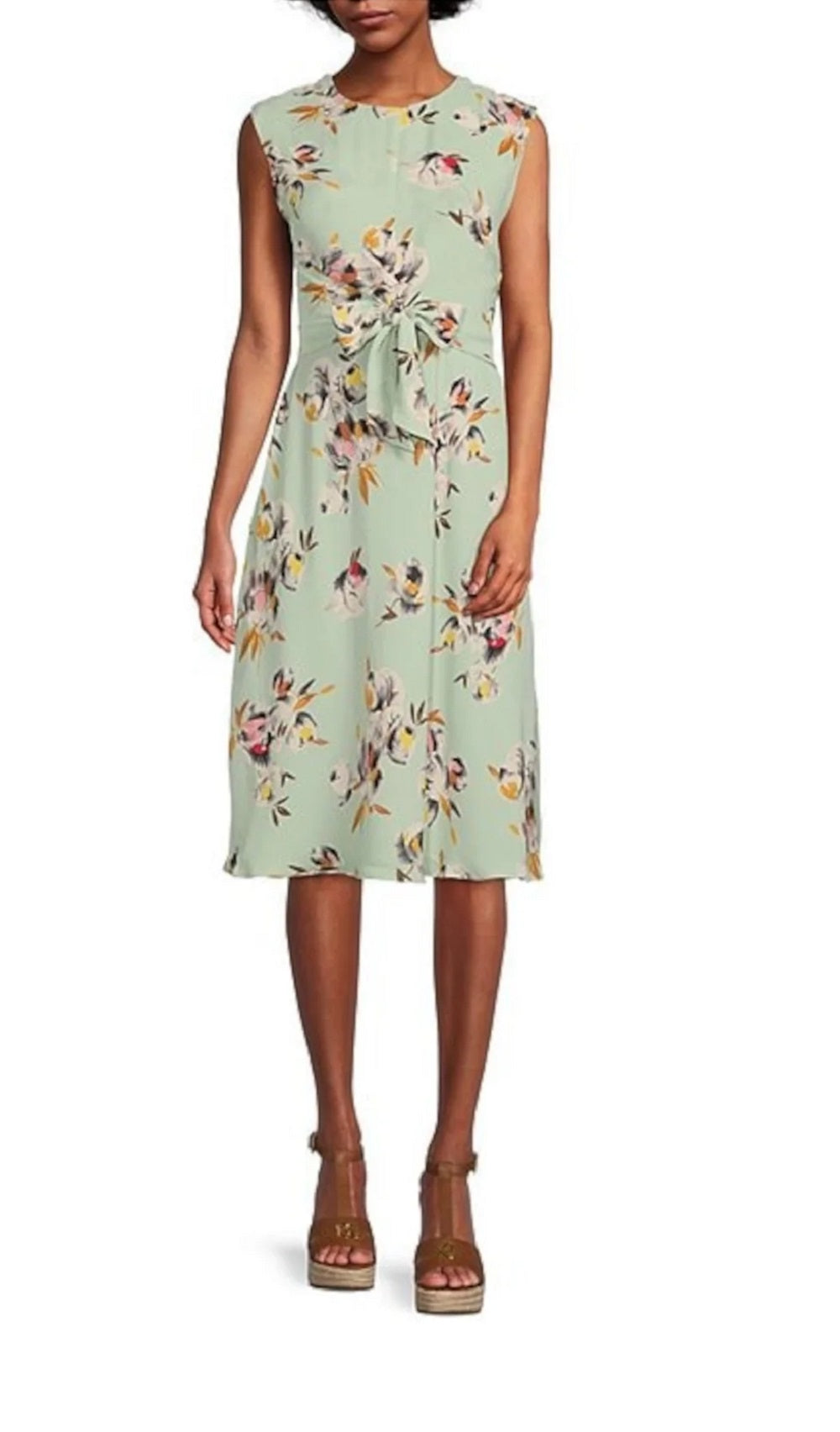 Ralph Lauren Women's Textured Zippered Lined Floral Sleeveless Round Neck Knee Length Wear To Work Shift Dress Green Size 8