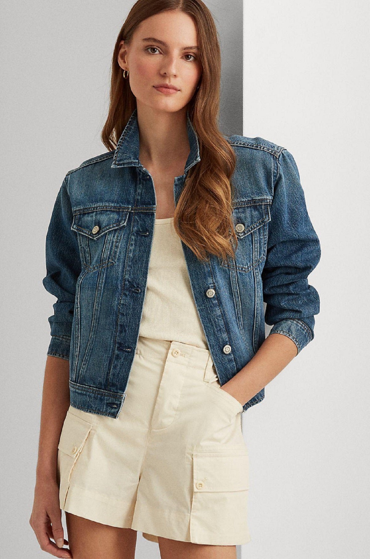 Ralph Lauren Women's Pocketed Boxy Fit Button Front Denim Jacket Blue Size Small