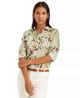 Ralph Lauren Women's Floral Cotton Voile Shirt Green Size Medium