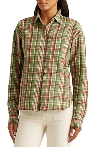 Ralph Lauren Women's Plaid Cotton Twill Shirt Green Size Large