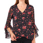 Vince Camuto Women's Floral Print Flutter Sleeve Top Black Size X-Large
