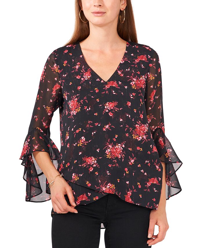 Vince Camuto Women's Floral Print Flutter Sleeve Top Black Size X-Large
