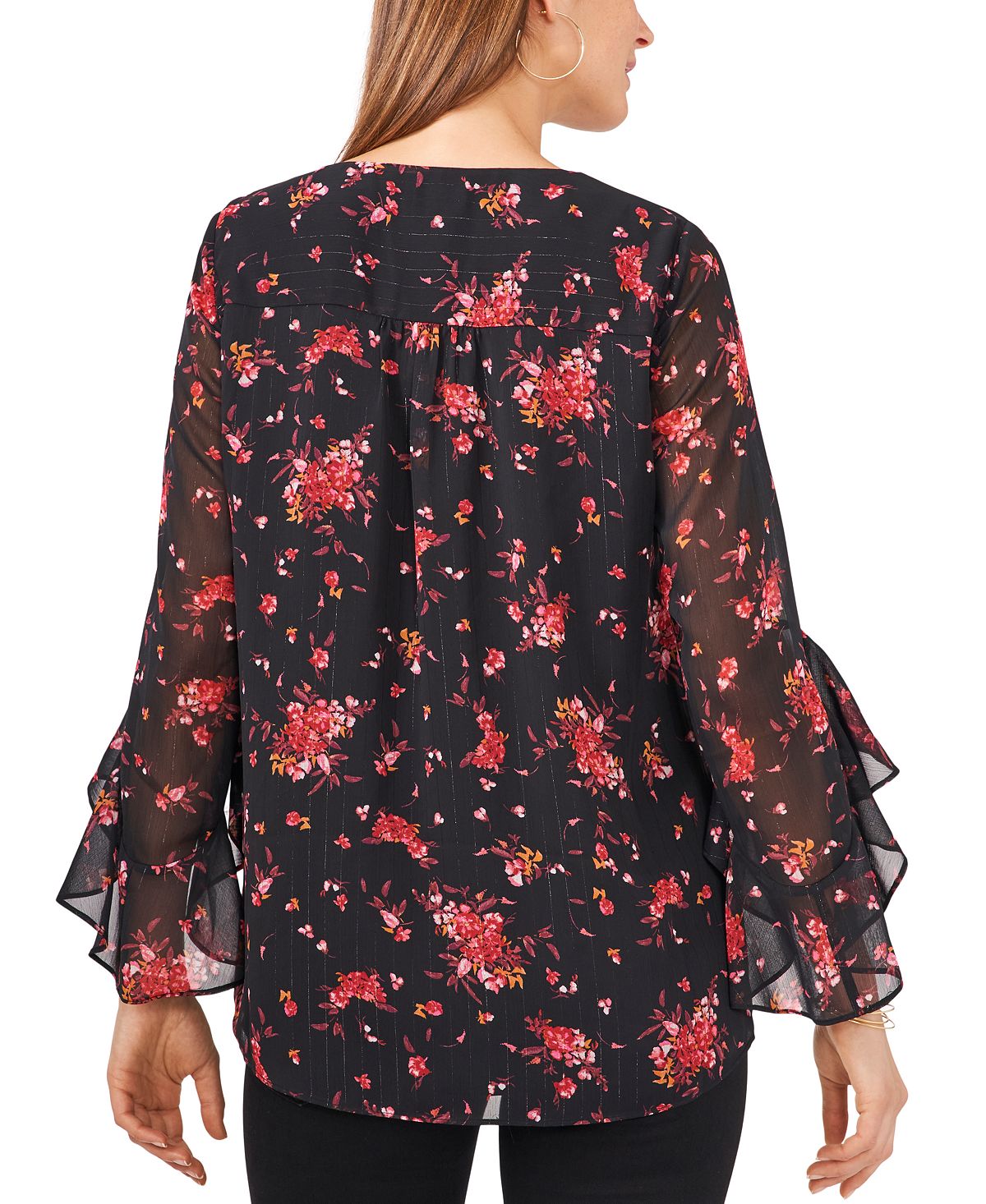 Vince Camuto Women's Floral Print Flutter Sleeve Top Black Size X-Large