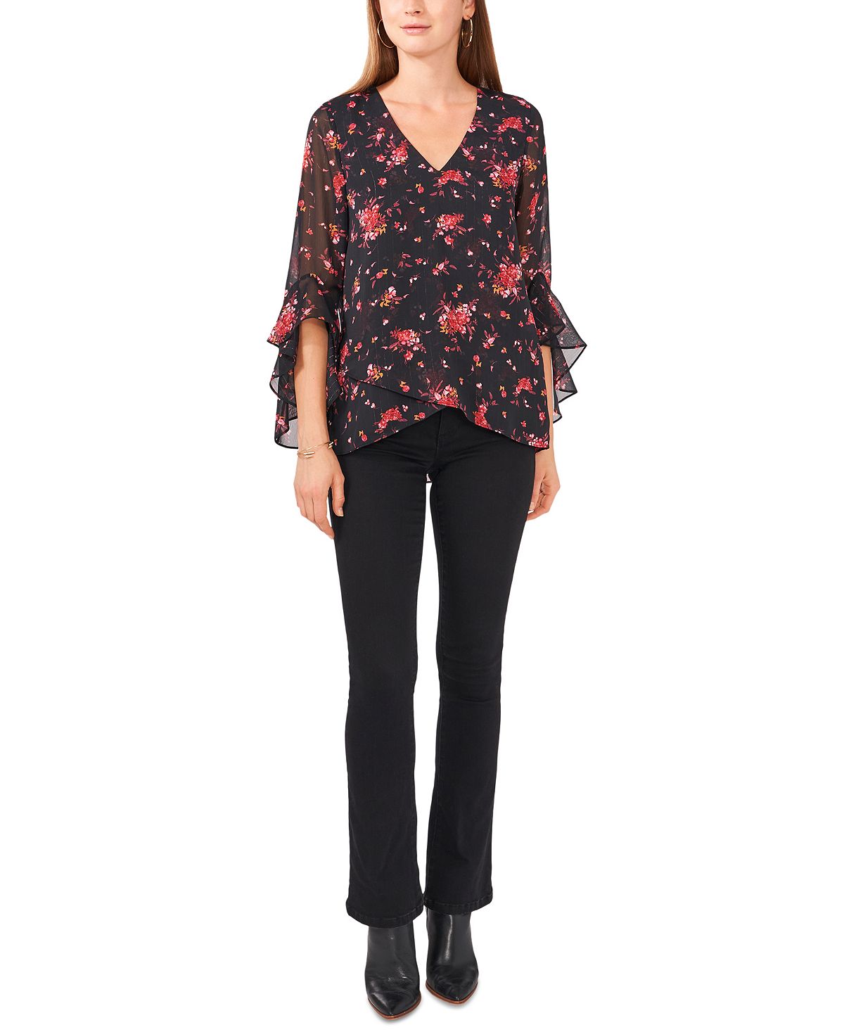 Vince Camuto Women's Floral Print Flutter Sleeve Top Black Size X-Large