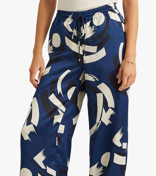 Ralph Lauren Women's Geometric Print Charmeuse Wide Leg Pants Blue Size Small
