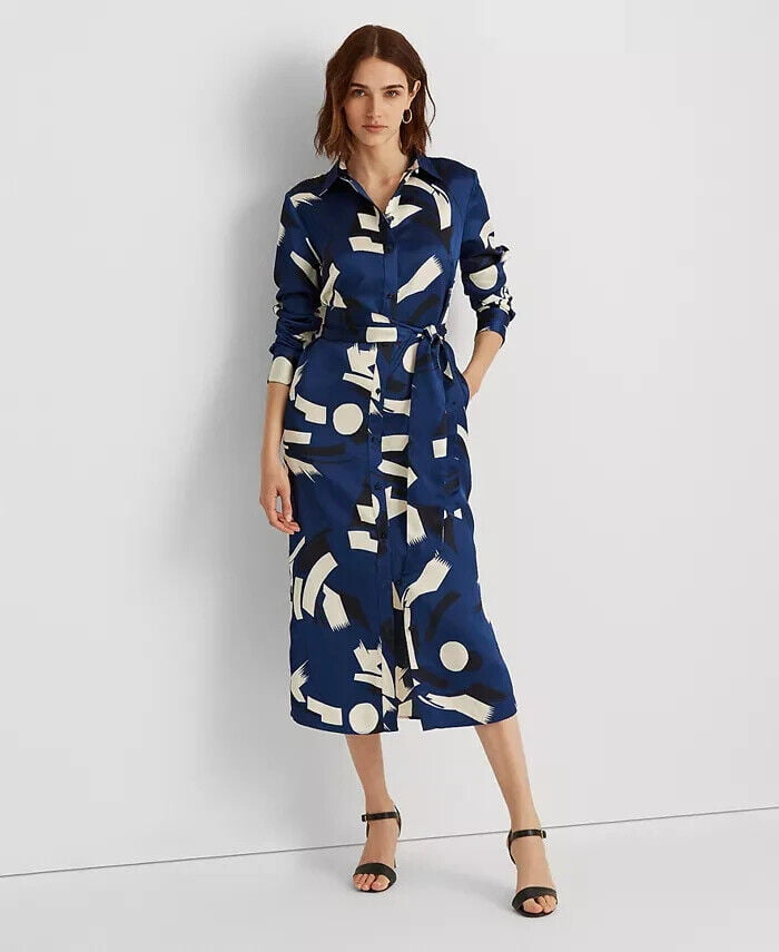 Ralph Lauren Women's Geometric Print Charmeuse Shirtdress Blue Size 8