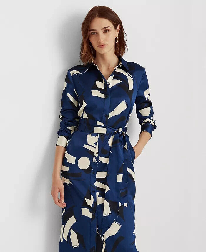 Ralph Lauren Women's Geometric Print Charmeuse Shirtdress Blue Size 8