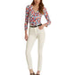 Ralph Lauren Women's Stretch Fitted Printed Long Sleeve Surplice Neckline Top Blue Size Medium