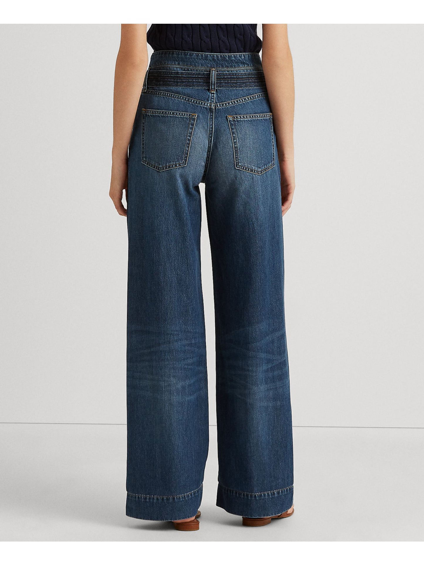 Ralph Lauren Women's Denim Pocketed Straight Leg Button Fly Tie Belt High Waist Jeans Blue Size 18