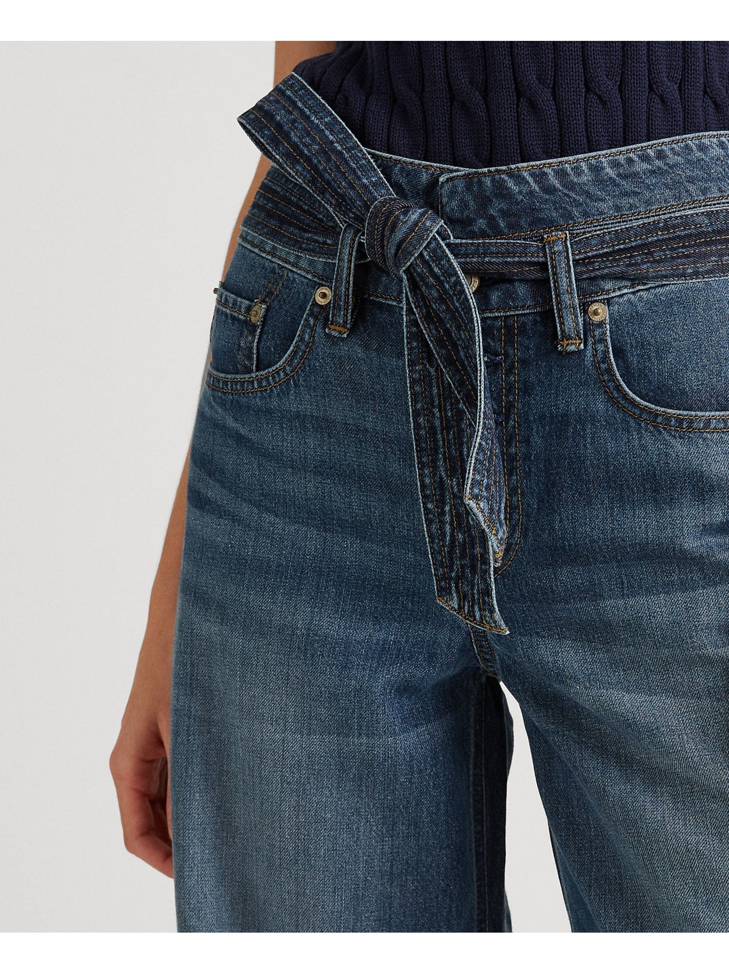 Ralph Lauren Women's Denim Pocketed Straight Leg Button Fly Tie Belt High Waist Jeans Blue Size 18