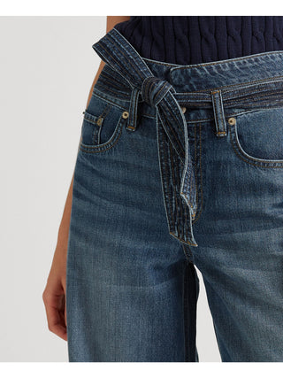 Ralph Lauren Women's Denim Pocketed Straight Leg Button Fly Tie Belt High Waist Jeans Blue Size 18