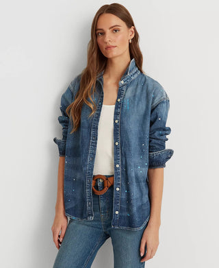 Ralph Lauren Women's Paint Splatter Denim Shirt Blue Size Large