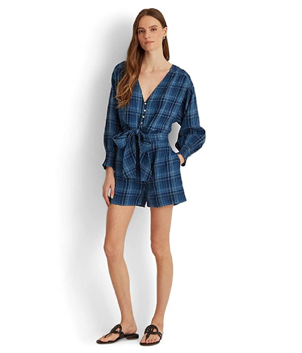Ralph Lauren Women's Plaid Tissue Linen Romper Blue Size 12