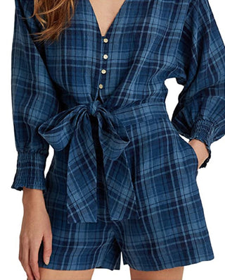 Ralph Lauren Women's Plaid Tissue Linen Romper Blue Size 12