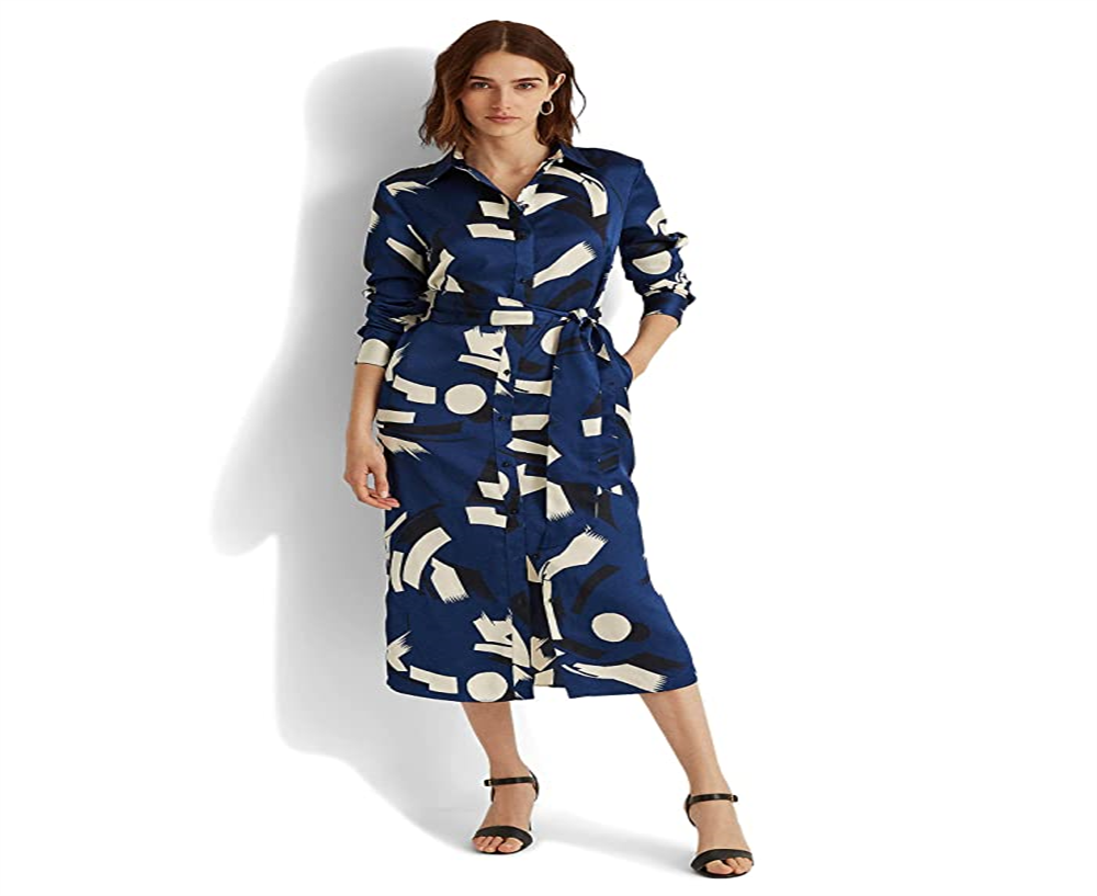 Ralph Lauren Women's Geometric Print Charmeuse Shirtdress Blue Size 6Petite