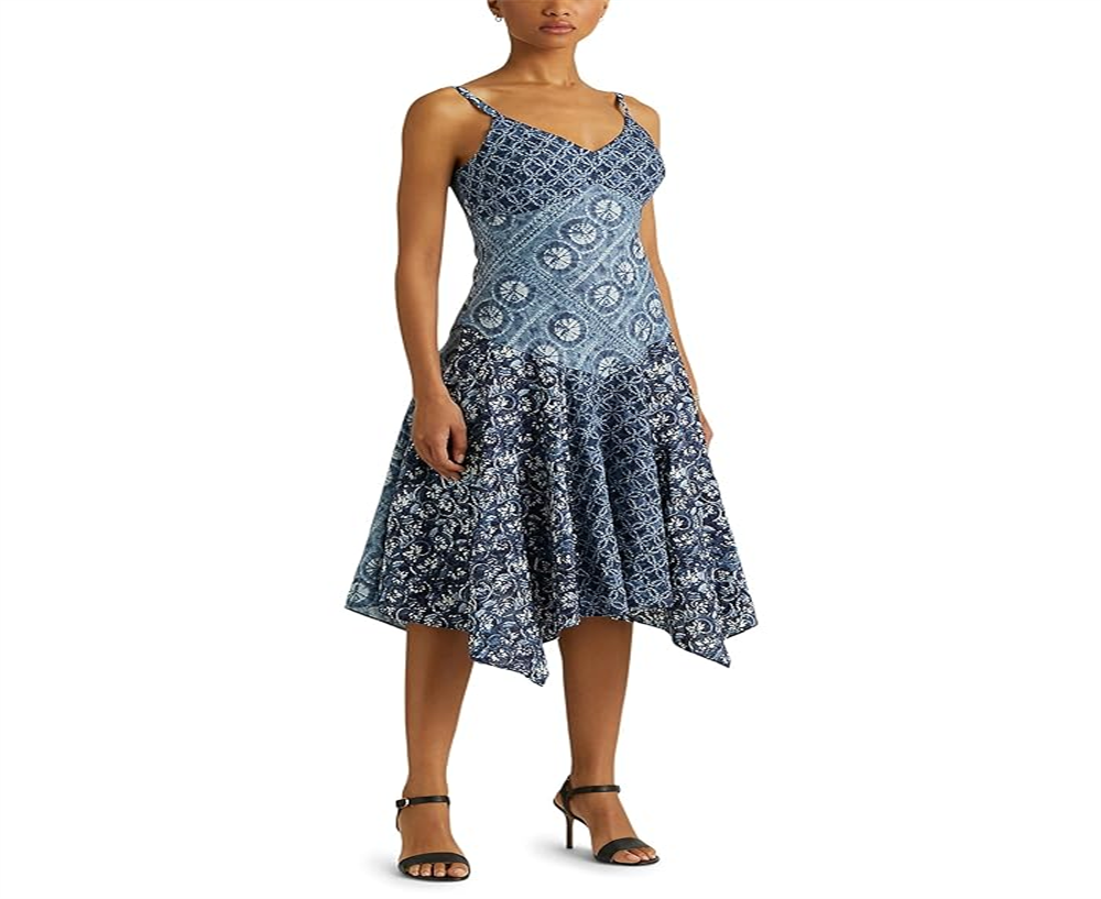Ralph Lauren Women's Patchwork Print Linen Sleeveless Dress Blue Size 10 Petite