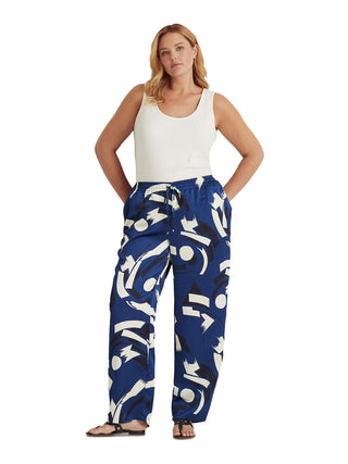 Ralph Lauren Women's Geometric Print Charmeuse Wide Leg Pants Blue Size 3X