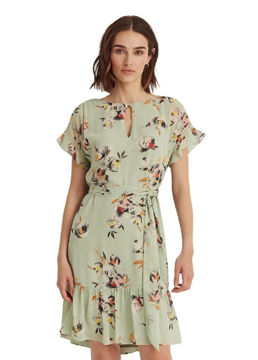 Ralph Lauren Women's Floral Crinkled Georgette Dress Green Size 12