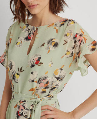 Ralph Lauren Women's Floral Crinkled Georgette Dress Green Size 14