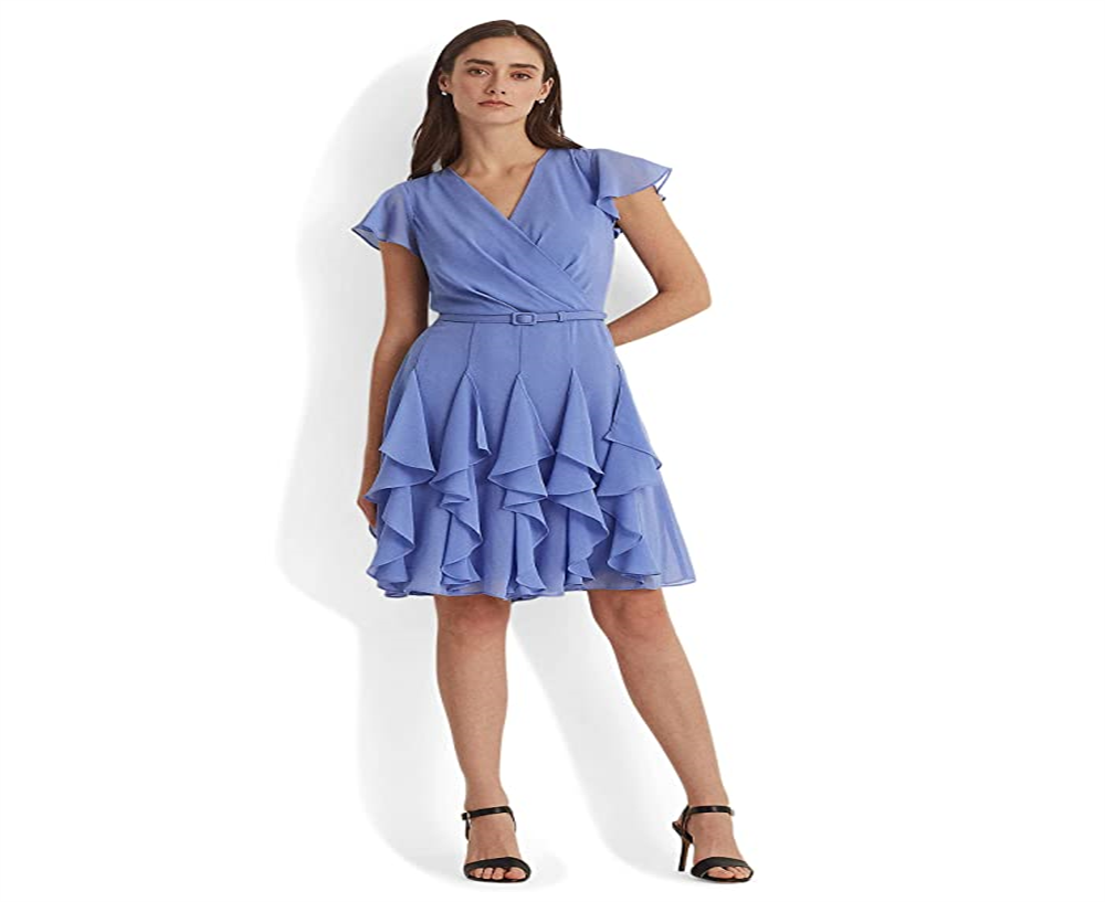 Ralph Lauren Women's Ruffle Trim Chiffon Dress Blue Size 2