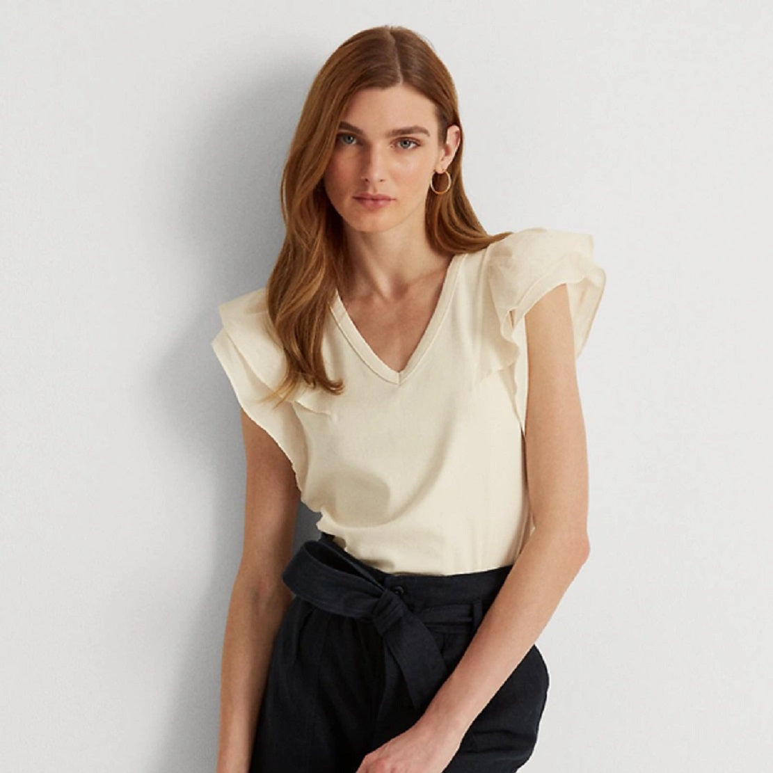 Ralph Lauren Women's Stretch Ruffle Sleeve Tee Brown Size Medium