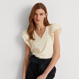 Ralph Lauren Women's Stretch Ruffle Sleeve Tee Brown Size Medium