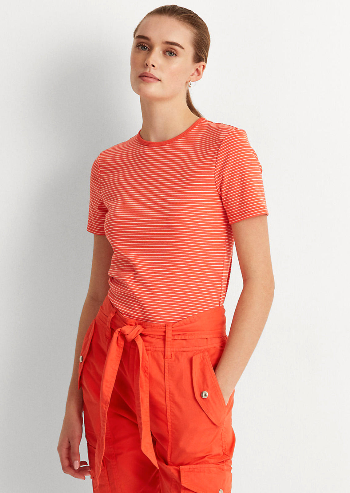 Ralph Lauren Women's Striped Stretch Cotton T-Shirt Orange Size Medium