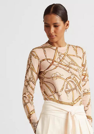 Ralph Lauren Women's Equestrian Print Crew Neck Sweater Pink Size Small