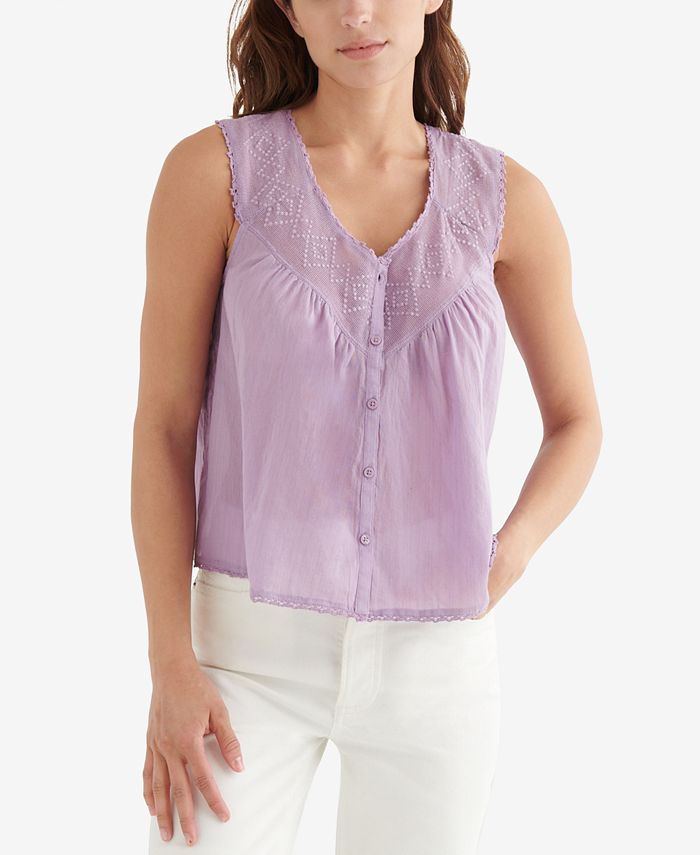 Lucky Brand Women's Embroidered Yoke Sleeveless Cotton Top Purple Size XX-Large