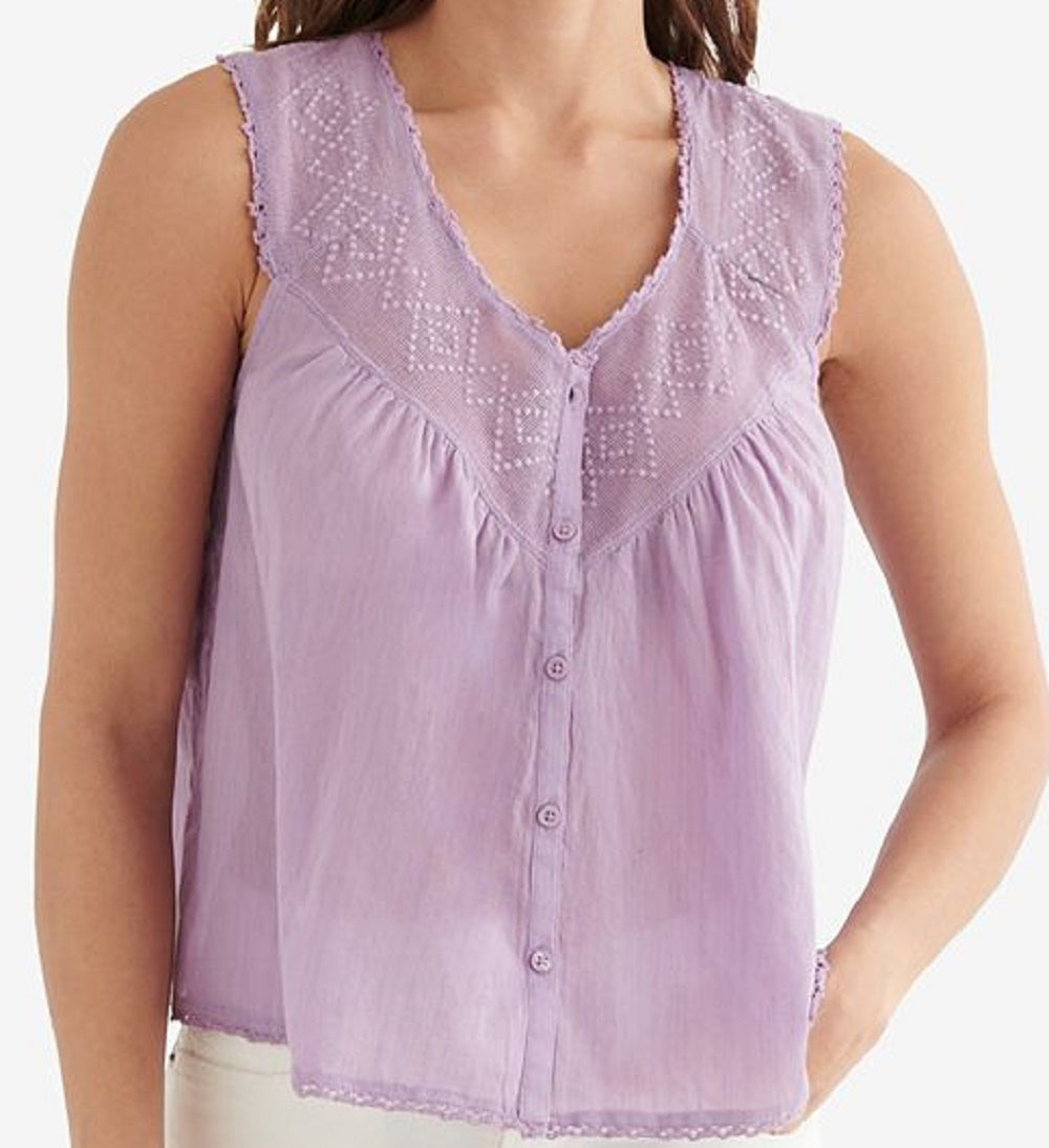 Lucky Brand Women's Embroidered Yoke Sleeveless Cotton Top Purple Size XX-Large