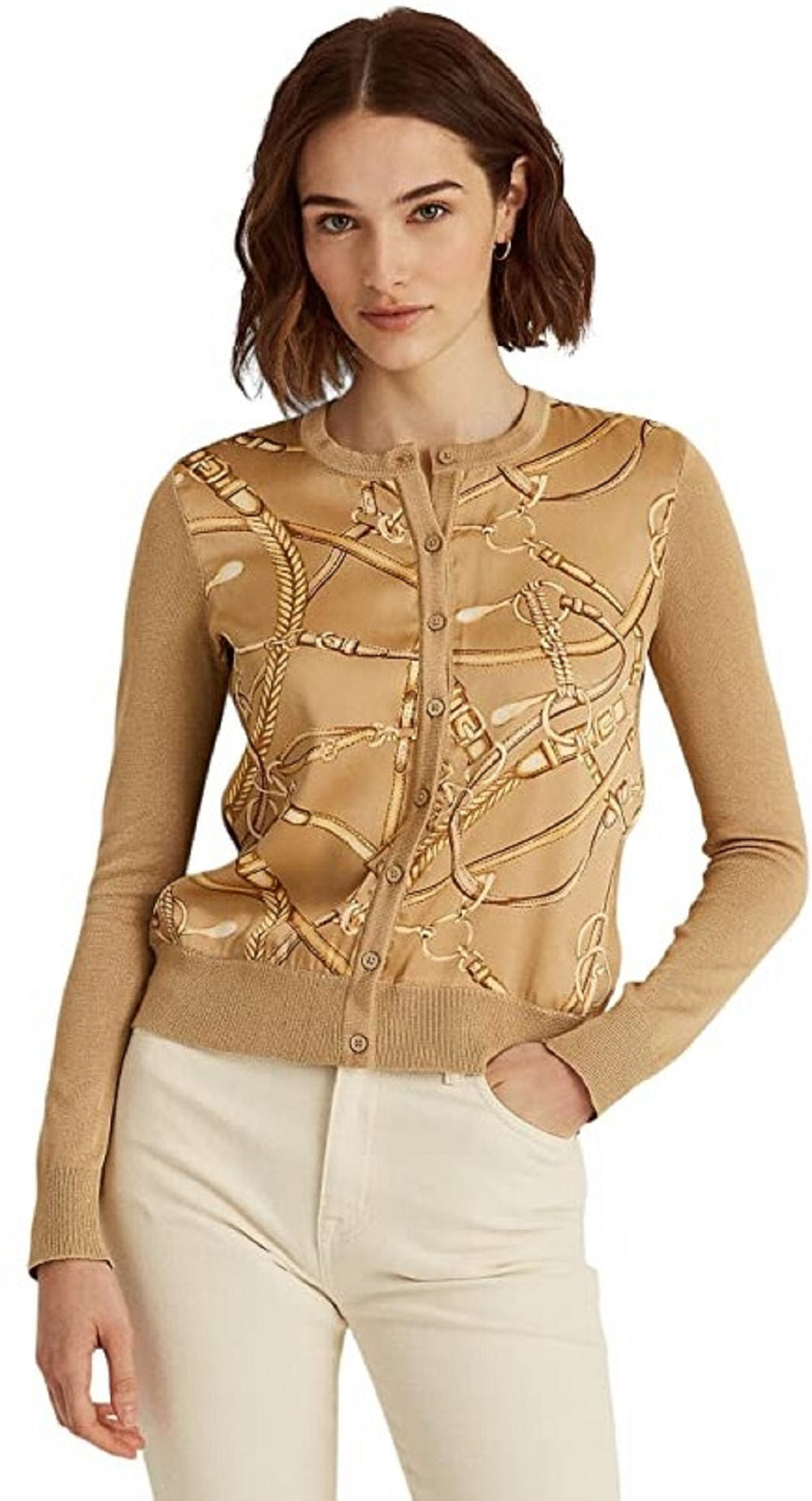 Ralph Lauren Women's Equestrian Print Cardigan Sweater Brown Size Small