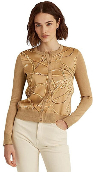 Ralph Lauren Women's Equestrian Print Cardigan Sweater Brown Size Small