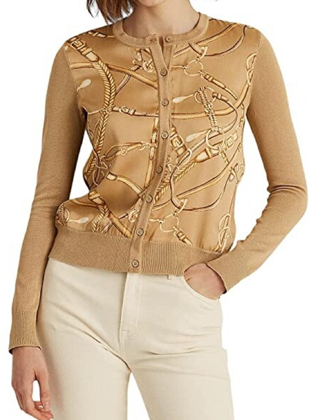 Ralph Lauren Women's Equestrian Print Cardigan Sweater Brown Size Small
