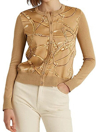 Ralph Lauren Women's Equestrian Print Cardigan Sweater Brown Size Small