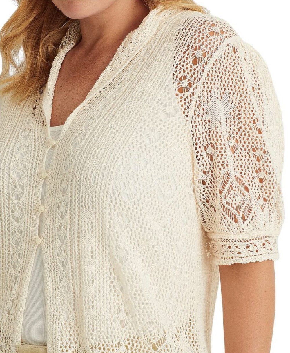 Ralph Lauren Women's Pointelle Puff Sleeve Cardigan White Size 1X