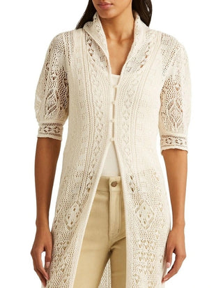 Ralph Lauren Women's Pointelle Puff Sleeve Linen Cardigan Brown Size 2X