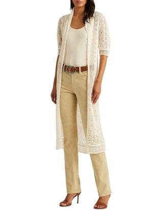 Ralph Lauren Women's Pointelle Puff Sleeve Linen Cardigan Brown Size 2X