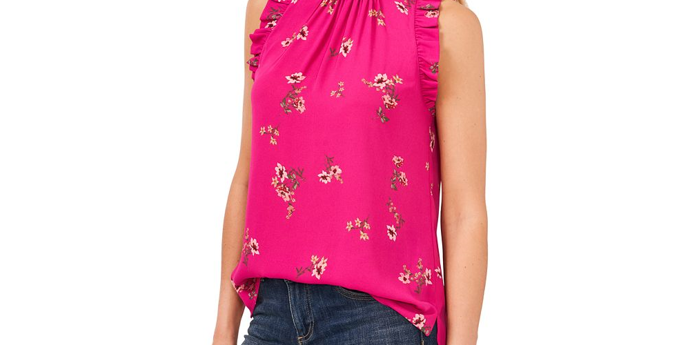 Vince Camuto Women's Floral Print Shirred Sleeveless Top Black Size S