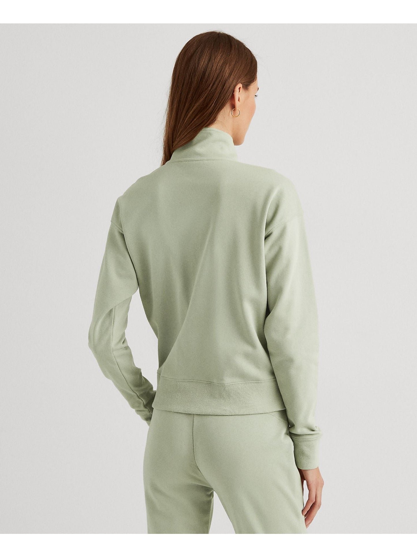 Ralph Lauren Women's Zippered Ribbed Hem & Cuffs Logo Graphic Sweatshirt Green Size Medium