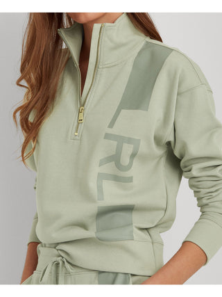 Ralph Lauren Women's Zippered Ribbed Hem & Cuffs Logo Graphic Sweatshirt Green Size Medium