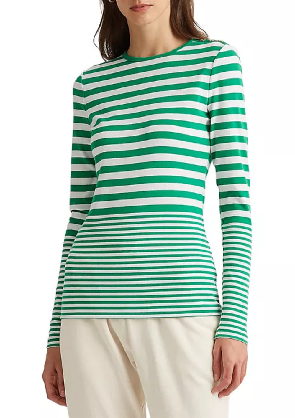 Ralph Lauren Women's Striped Snap Trim Long Sleeve Top Green Size Medium