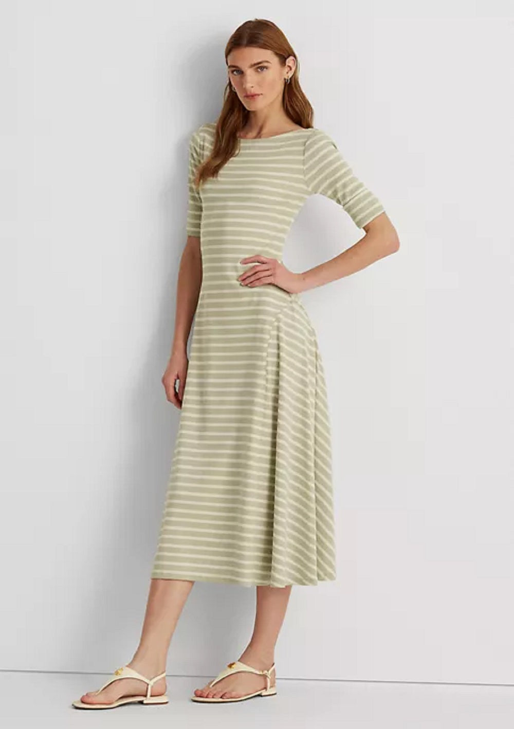 Ralph Lauren Women's Striped Stretch Cotton Midi Dress Green Size X Large