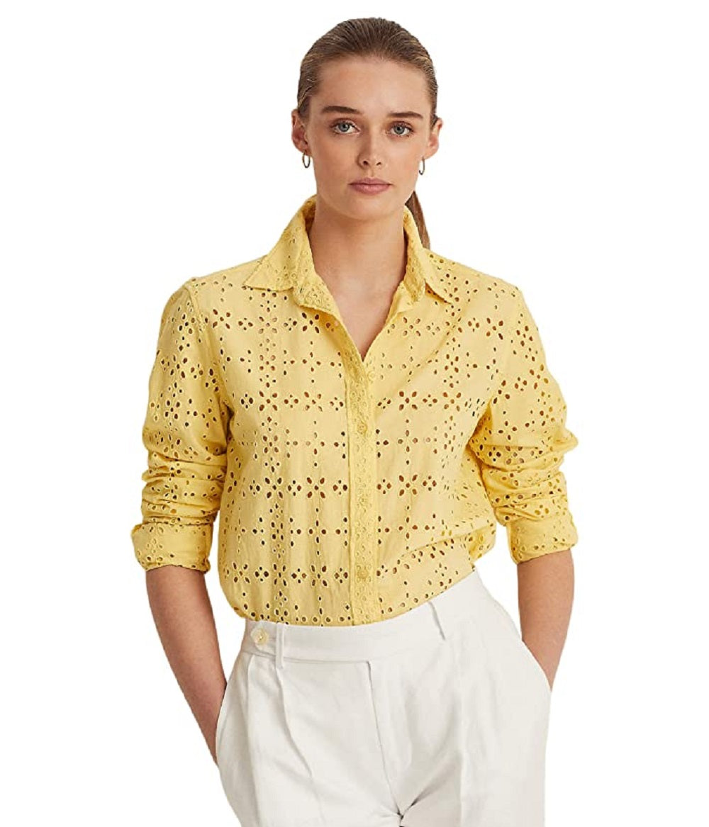 Ralph Lauren Women's Eyelet Cotton Shirt Yellow Size X-Small