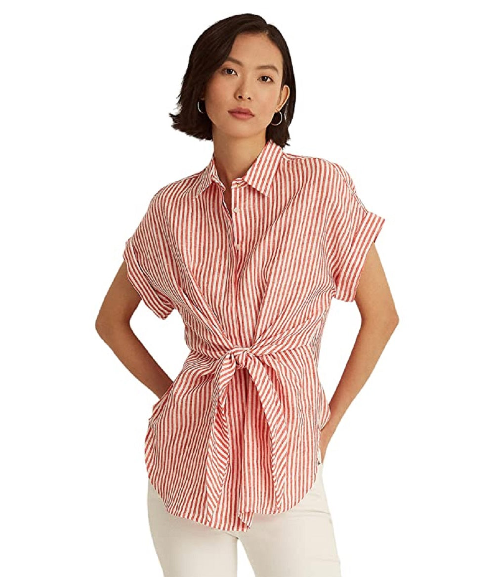 Ralph Lauren Women's Striped Tie Front Linen Shirt Red Size Medium