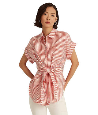 Ralph Lauren Women's Striped Tie Front Linen Shirt Red Size Medium