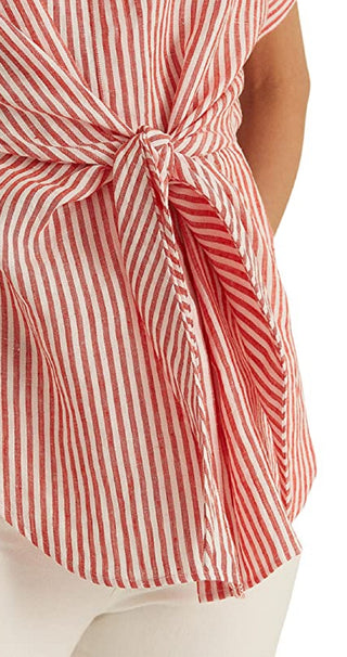Ralph Lauren Women's Striped Tie Front Linen Shirt Red Size Medium