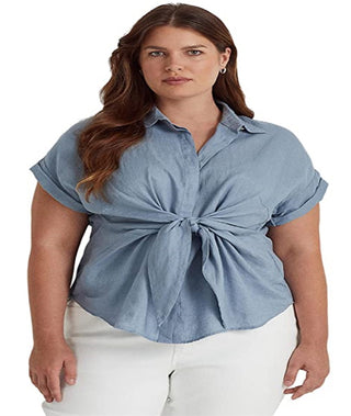 Ralph Lauren Women's Tie Front Linen Shirt Blue Size 1X